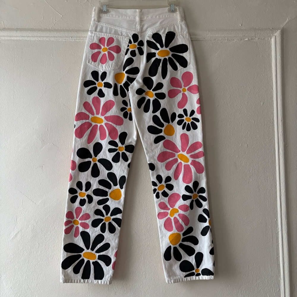 Topshop White Jeans with Painted Pink and Black Floral - Picture 3 of 9